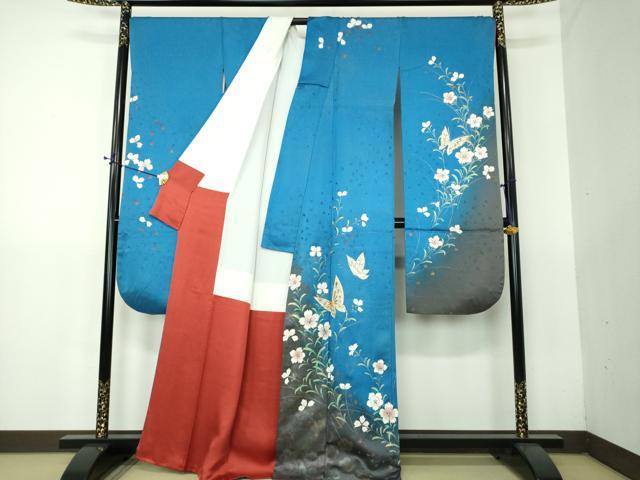 平和屋着物●豪華振袖　駒刺繍　舞蝶花文　暈し染め　金彩　金通し地　正絹　逸品　DABG8406ps