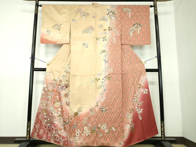 平和屋着物●訪問着　駒刺繍　舞蝶花文　暈し染め　金彩　正絹　逸品　DABG8416ps