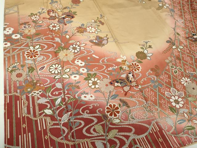 平和屋着物●訪問着　駒刺繍　舞蝶花文　暈し染め　金彩　正絹　逸品　DABG8416ps