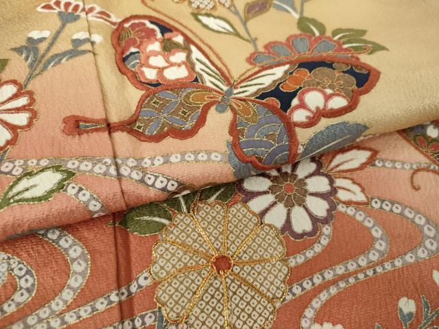 平和屋着物●訪問着　駒刺繍　舞蝶花文　暈し染め　金彩　正絹　逸品　DABG8416ps