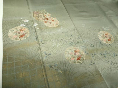 平和屋着物●中国三大刺繍　スワトウ刺繍　汕頭刺繍　訪問着　雪輪御所車花文　暈し染め　金彩　正絹　逸品　DABG8424ps