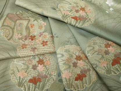 平和屋着物●中国三大刺繍　スワトウ刺繍　汕頭刺繍　訪問着　雪輪御所車花文　暈し染め　金彩　正絹　逸品　DABG8424ps