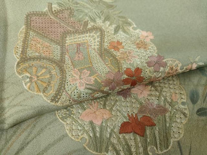 平和屋着物●中国三大刺繍　スワトウ刺繍　汕頭刺繍　訪問着　雪輪御所車花文　暈し染め　金彩　正絹　逸品　DABG8424ps