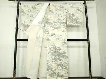 平和屋着物●中国三大刺繍　相良刺繍　訪問着　胴抜き仕立て　駒刺繍　千鳥　立波風景花文　金糸　正絹　逸品　DABG8432ps