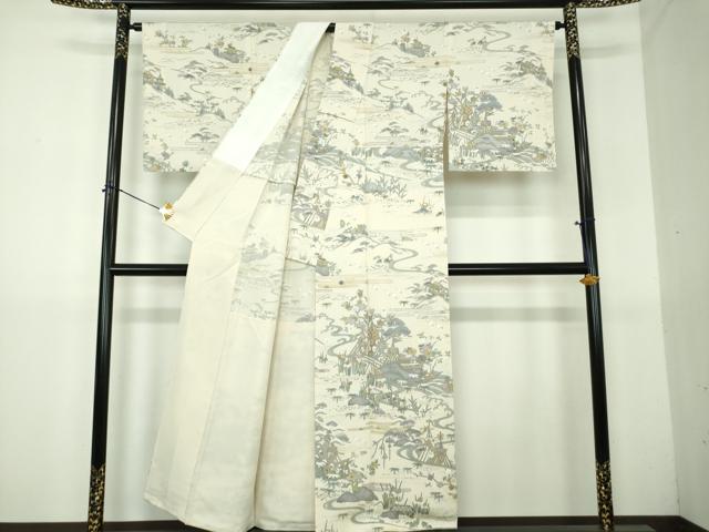 平和屋着物●中国三大刺繍　相良刺繍　訪問着　胴抜き仕立て　駒刺繍　千鳥　立波風景花文　金糸　正絹　逸品　DABG8432ps