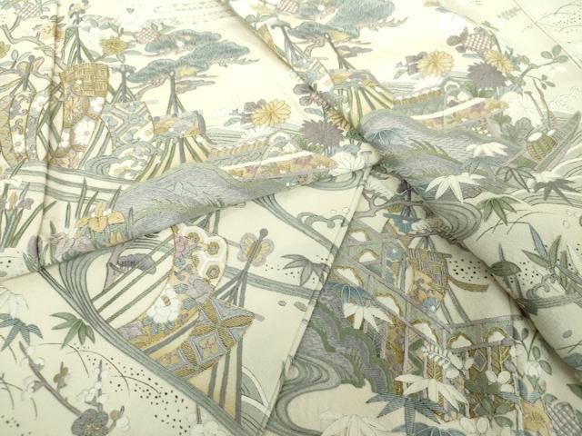 平和屋着物●中国三大刺繍　相良刺繍　訪問着　胴抜き仕立て　駒刺繍　千鳥　立波風景花文　金糸　正絹　逸品　DABG8432ps