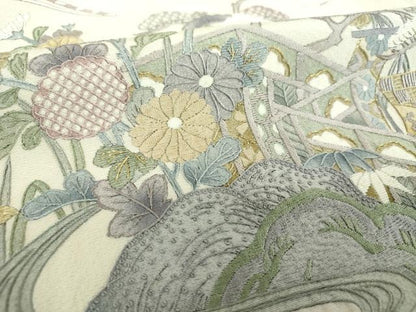 平和屋着物●中国三大刺繍　相良刺繍　訪問着　胴抜き仕立て　駒刺繍　千鳥　立波風景花文　金糸　正絹　逸品　DABG8432ps