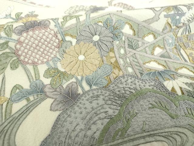 平和屋着物●中国三大刺繍　相良刺繍　訪問着　胴抜き仕立て　駒刺繍　千鳥　立波風景花文　金糸　正絹　逸品　DABG8432ps