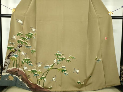 平和屋着物●ファッションデザイナー　花井幸子　訪問着　駒刺繍　雪持ち笹　雀　暈し染め　金彩　正絹　逸品　DABG8463ps