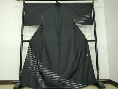 平和屋着物●訪問着　紬地　横段文　黒地　正絹　逸品　DABG8468ps
