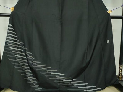 平和屋着物●訪問着　紬地　横段文　黒地　正絹　逸品　DABG8468ps