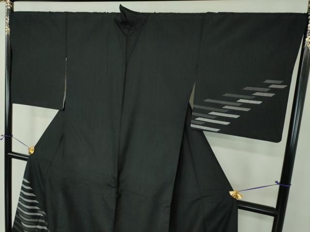 平和屋着物●訪問着　紬地　横段文　黒地　正絹　逸品　DABG8468ps