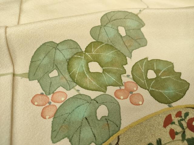 平和屋着物●訪問着　作家物　手描き　葡萄蔦の葉文　地紙重ね花文　暈し染め　金銀彩　正絹　逸品　DABG8489ps