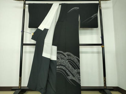 平和屋着物●訪問着　流水花文　鬼しぼ縮緬　黒地　正絹　逸品　DABG8502ps