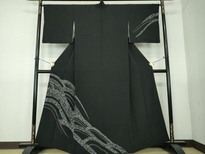 平和屋着物●訪問着　流水花文　鬼しぼ縮緬　黒地　正絹　逸品　DABG8502ps