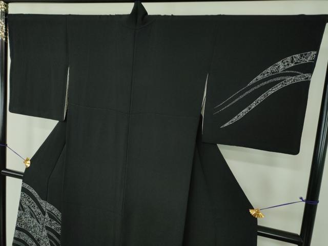 平和屋着物●訪問着　流水花文　鬼しぼ縮緬　黒地　正絹　逸品　DABG8502ps
