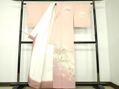平和屋着物●訪問着　駒刺繍　枝垂れ桜　舞蝶文　暈し染め　金彩　正絹　逸品　未使用　DABG8533ps