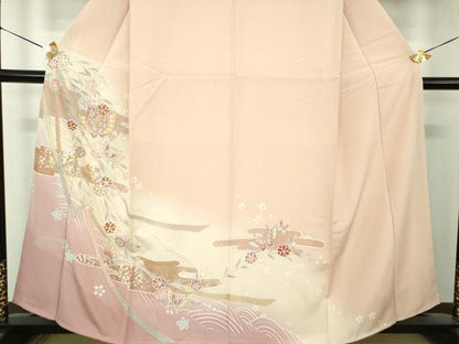 平和屋着物●訪問着　駒刺繍　枝垂れ桜　舞蝶文　暈し染め　金彩　正絹　逸品　未使用　DABG8533ps