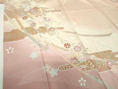 平和屋着物●訪問着　駒刺繍　枝垂れ桜　舞蝶文　暈し染め　金彩　正絹　逸品　未使用　DABG8533ps