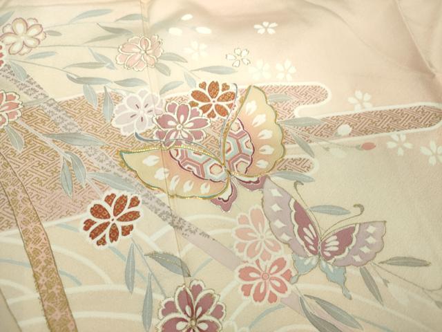 平和屋着物●訪問着　駒刺繍　枝垂れ桜　舞蝶文　暈し染め　金彩　正絹　逸品　未使用　DABG8533ps