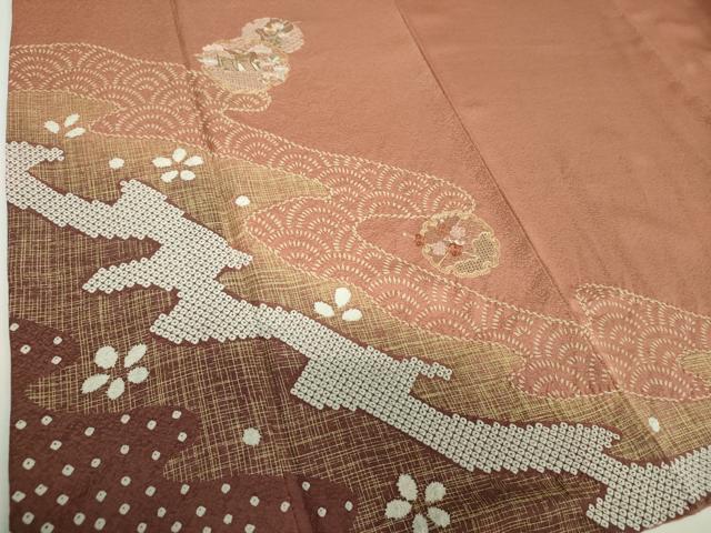 平和屋着物●中国三大刺繍　スワトウ刺繍　汕頭刺繍　訪問着　作家物　絞り　雪輪御所車花文　金彩　ロング丈　正絹　逸品　DABG8542ps