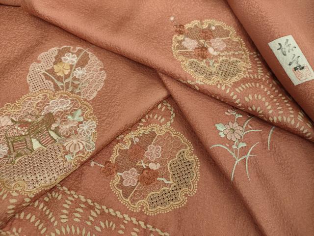 平和屋着物●中国三大刺繍　スワトウ刺繍　汕頭刺繍　訪問着　作家物　絞り　雪輪御所車花文　金彩　ロング丈　正絹　逸品　DABG8542ps