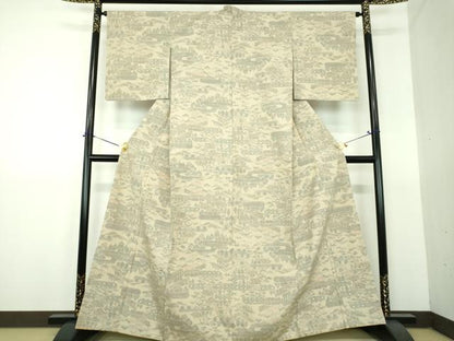 平和屋着物●本場結城紬　重要無形文化財　モロ入り　100亀甲　風景文　正絹　逸品　DABG8558ps