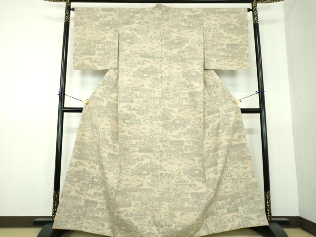 平和屋着物●本場結城紬　重要無形文化財　モロ入り　100亀甲　風景文　正絹　逸品　DABG8558ps