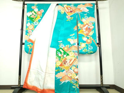 平和屋着物●豪華振袖　駒刺繍　冊子吉祥花文　金彩　正絹　逸品　DABG8597ps