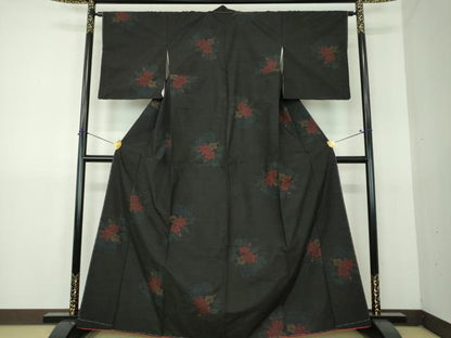 平和屋着物●上質な紬　花車文　黒地　正絹　逸品　DABG8603ps