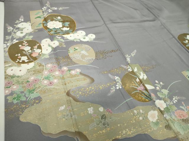 平和屋着物●色留訪問着　作家物　駒刺繍　吉祥飛鶴花文　金彩　正絹　逸品　DABG8609ps