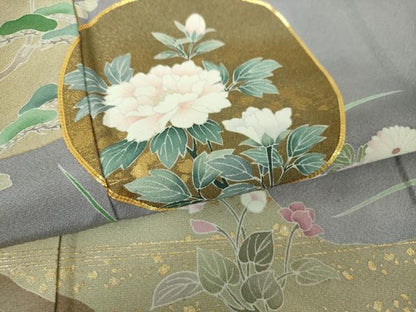平和屋着物●色留訪問着　作家物　駒刺繍　吉祥飛鶴花文　金彩　正絹　逸品　DABG8609ps