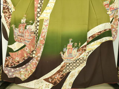 平和屋着物●豪華振袖　南蛮船　花鳥熨斗文　暈し染め　金銀彩　正絹　逸品　DABG8629ps