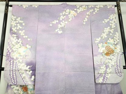 平和屋着物●豪華振袖　刺繍　絞り　檜扇花文　枝桜　暈し染め　金銀彩　やまと誂製　正絹　逸品　DABG8662ps