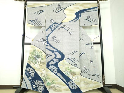 平和屋着物●訪問着　作家物　総絞り　手描き　渡橋御所車風景花文　金彩　正絹　逸品　DABG8678ps