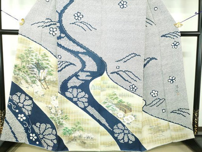 平和屋着物●訪問着　作家物　総絞り　手描き　渡橋御所車風景花文　金彩　正絹　逸品　DABG8678ps