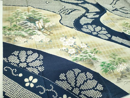 平和屋着物●訪問着　作家物　総絞り　手描き　渡橋御所車風景花文　金彩　正絹　逸品　DABG8678ps