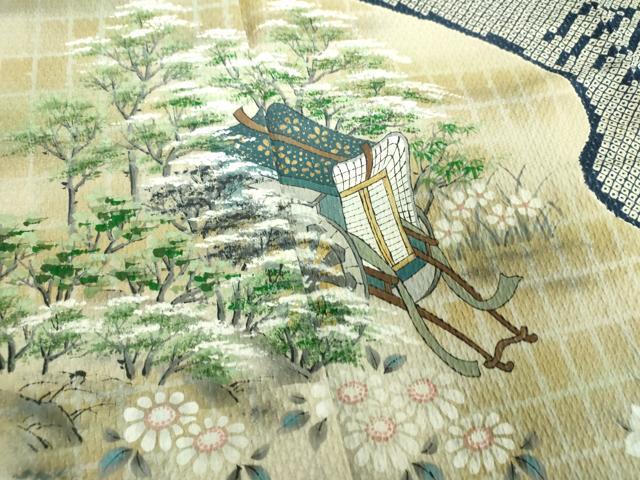 平和屋着物●訪問着　作家物　総絞り　手描き　渡橋御所車風景花文　金彩　正絹　逸品　DABG8678ps