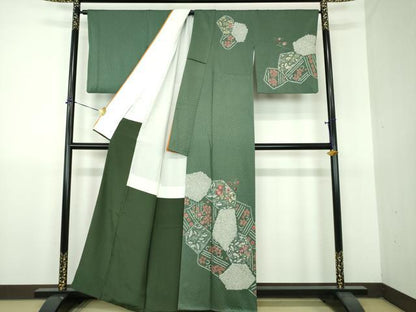 平和屋着物●訪問着　刺繍　絞り　扇面花文　金彩　正絹　逸品　DABG8689ps
