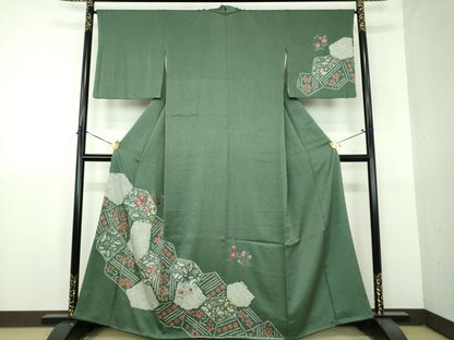 平和屋着物●訪問着　刺繍　絞り　扇面花文　金彩　正絹　逸品　DABG8689ps