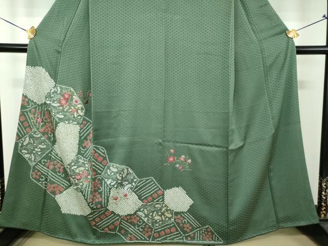平和屋着物●訪問着　刺繍　絞り　扇面花文　金彩　正絹　逸品　DABG8689ps