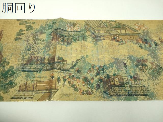 平和屋着物▼両面　全景全通柄袋帯　日本名所　金糸　引箔　正絹　逸品　DABG8716ps