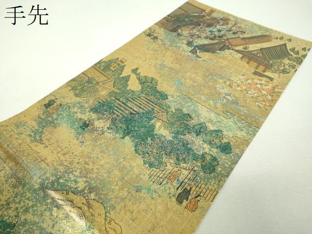 平和屋着物▼両面　全景全通柄袋帯　日本名所　金糸　引箔　正絹　逸品　DABG8716ps