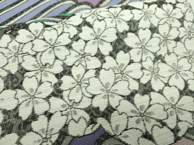 平和屋着物▼西陣　御薗織物謹製　六通柄袋帯　雲取り桜　銀糸　証紙付き　正絹　逸品　DABG8721ps