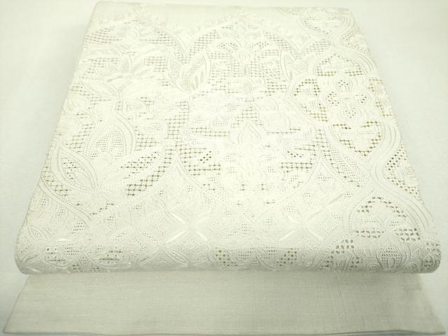平和屋着物●中国三大刺繍　スワトウ相良刺繍　汕頭相良刺繍　総刺繍　太鼓柄袋帯　紬地　舞蝶更紗花文　生成色　正絹　逸品　DABG8750ps