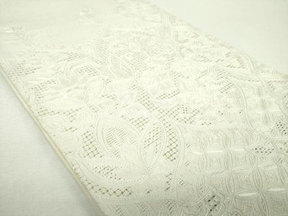 平和屋着物●中国三大刺繍　スワトウ相良刺繍　汕頭相良刺繍　総刺繍　太鼓柄袋帯　紬地　舞蝶更紗花文　生成色　正絹　逸品　DABG8750ps