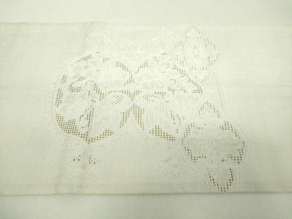 平和屋着物●中国三大刺繍　スワトウ相良刺繍　汕頭相良刺繍　総刺繍　太鼓柄袋帯　紬地　舞蝶更紗花文　生成色　正絹　逸品　DABG8750ps