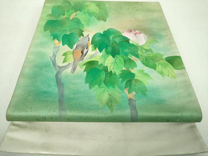平和屋着物▼太鼓柄袋帯　手描き　休み鳥　枝花文　金彩　正絹　逸品　DABG8758ps