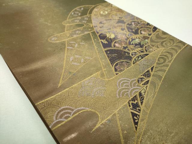 平和屋着物▼中国三大刺繍 スワトウ相良刺繍 汕頭相良刺繍 総刺繍 太鼓柄袋帯 霞吉祥花青海波 金糸 引箔 さが美扱い 正絹 逸品 DABG8771ps