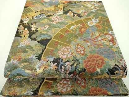 平和屋着物▼全通柄袋帯　檜扇鼓花文　人物風景文　金糸　正絹　逸品　未使用　DABG8783ps